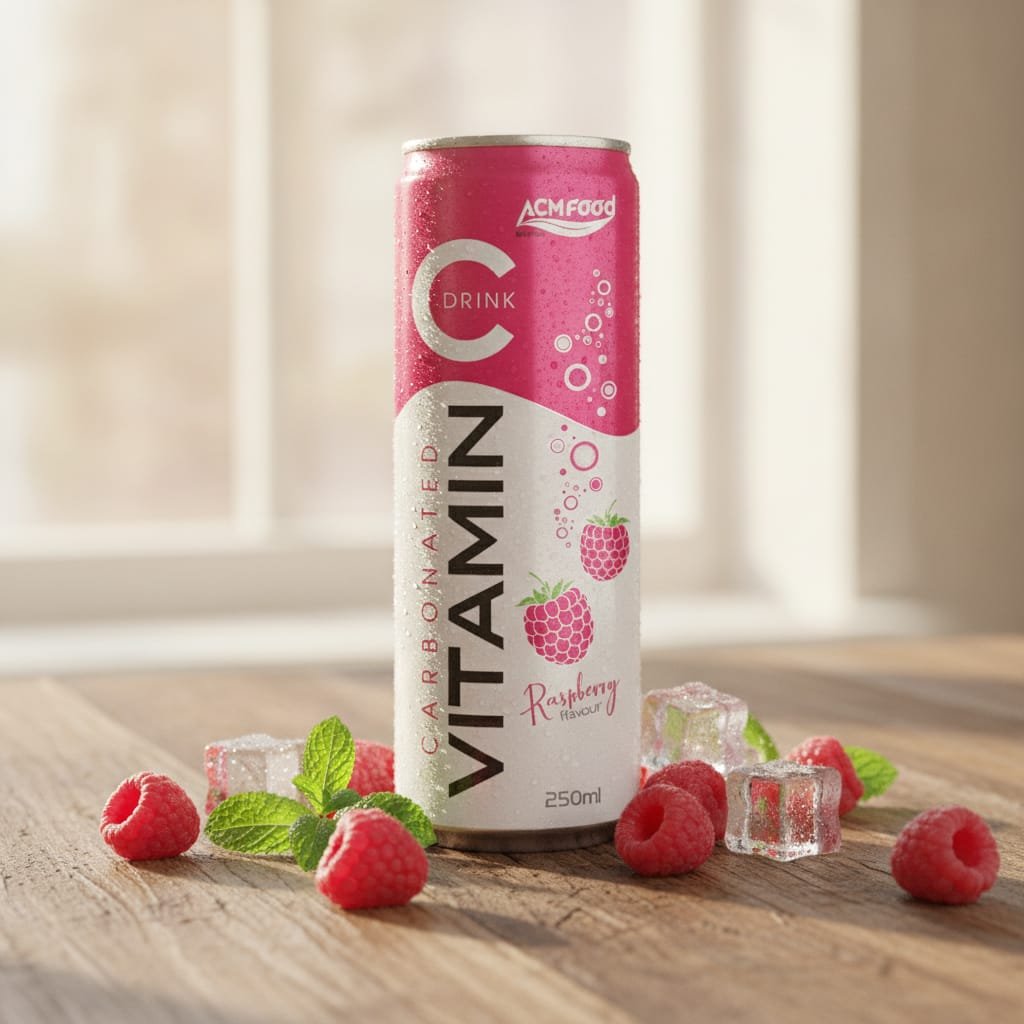 A close-up shot of a cold 250ml ACM Raspberry Sparkling Juice can surrounded by fresh raspberries and mint leaves, with condensation droplets on the can, set on a rustic wooden table in warm natural light Raspberry sparkling juice in a 250ml can with fresh raspberries and ice