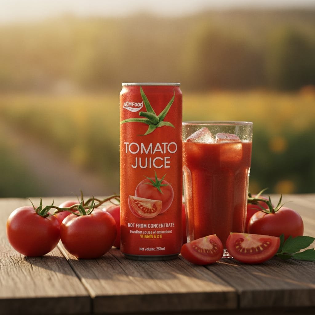 Close-up of fresh ripe tomatoes and a glass of tomato juice with ice cubes