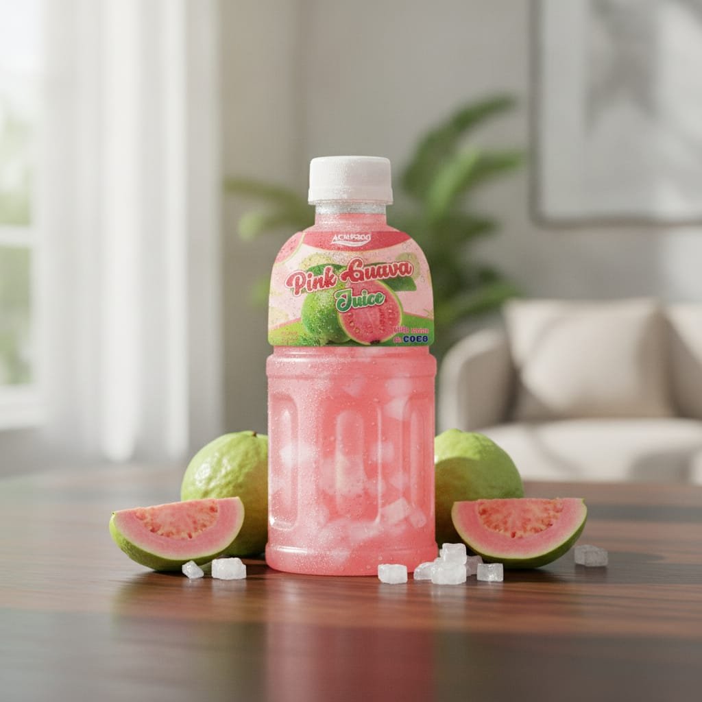 320ml guava juice with nata de coco aluminum can on white background
