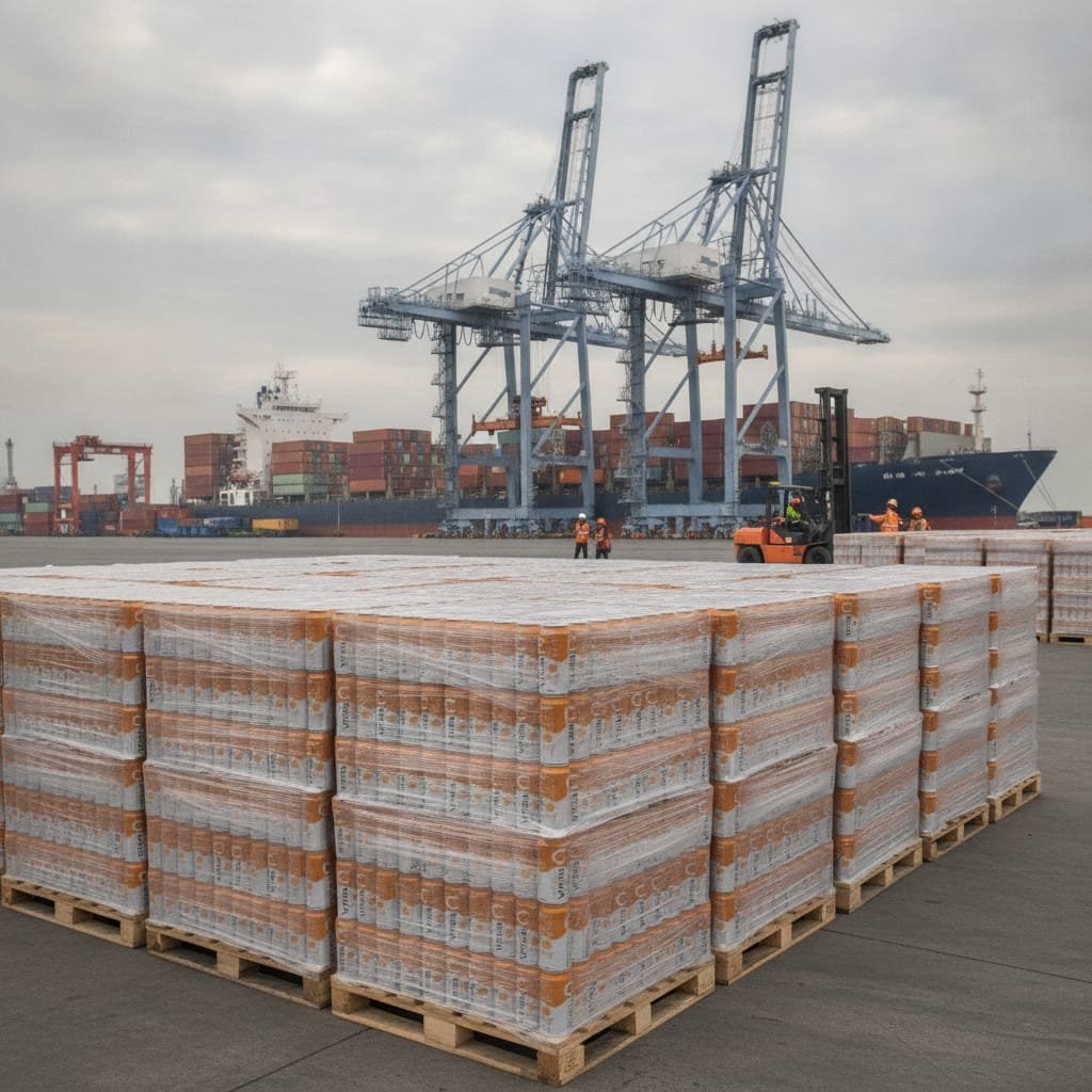 Shipping container loaded with pallets of orange sparkling juice cans ready for export