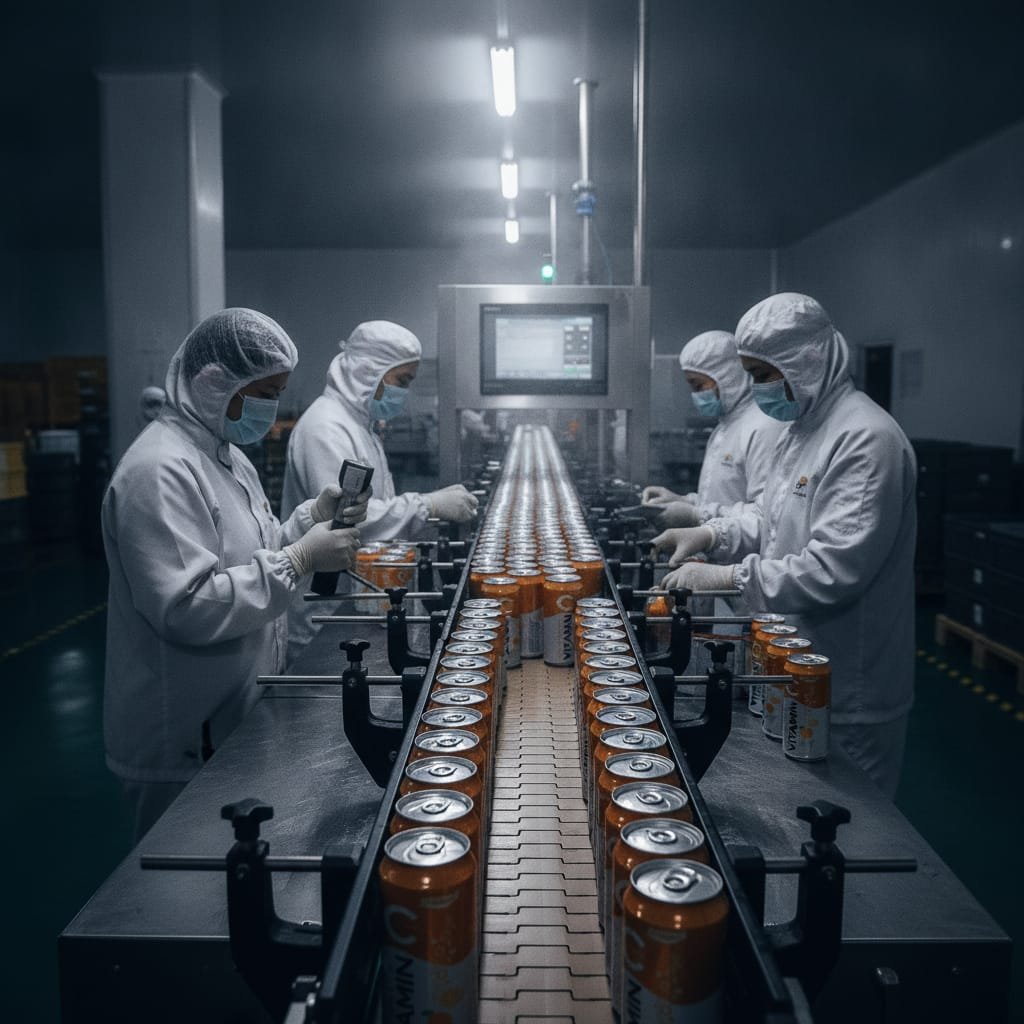 Factory production line with aluminum cans of orange sparkling juice moving along conveyor belt