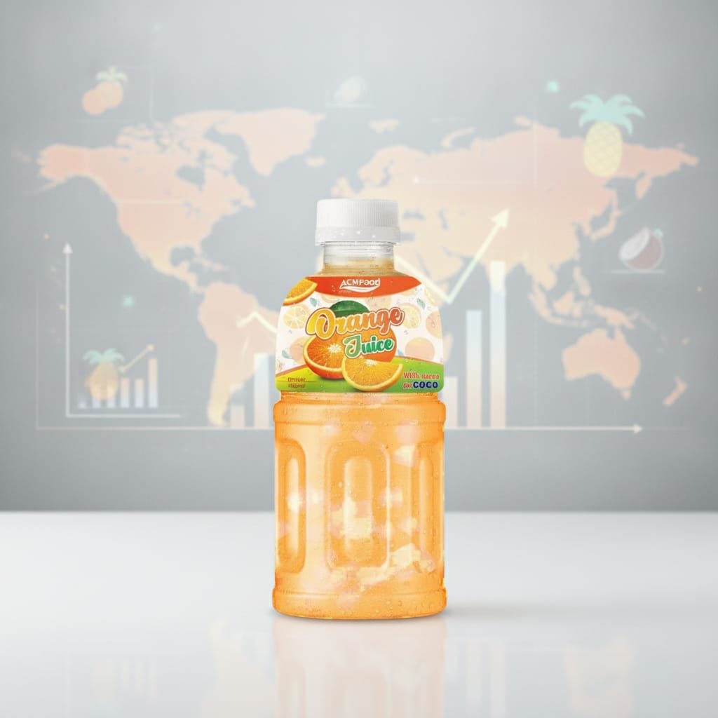 World map infographic with tropical flavor innovation hotspots, overlaid with data points and a can of orange juice with coconut cream Global market map showing growth of tropical juice blends