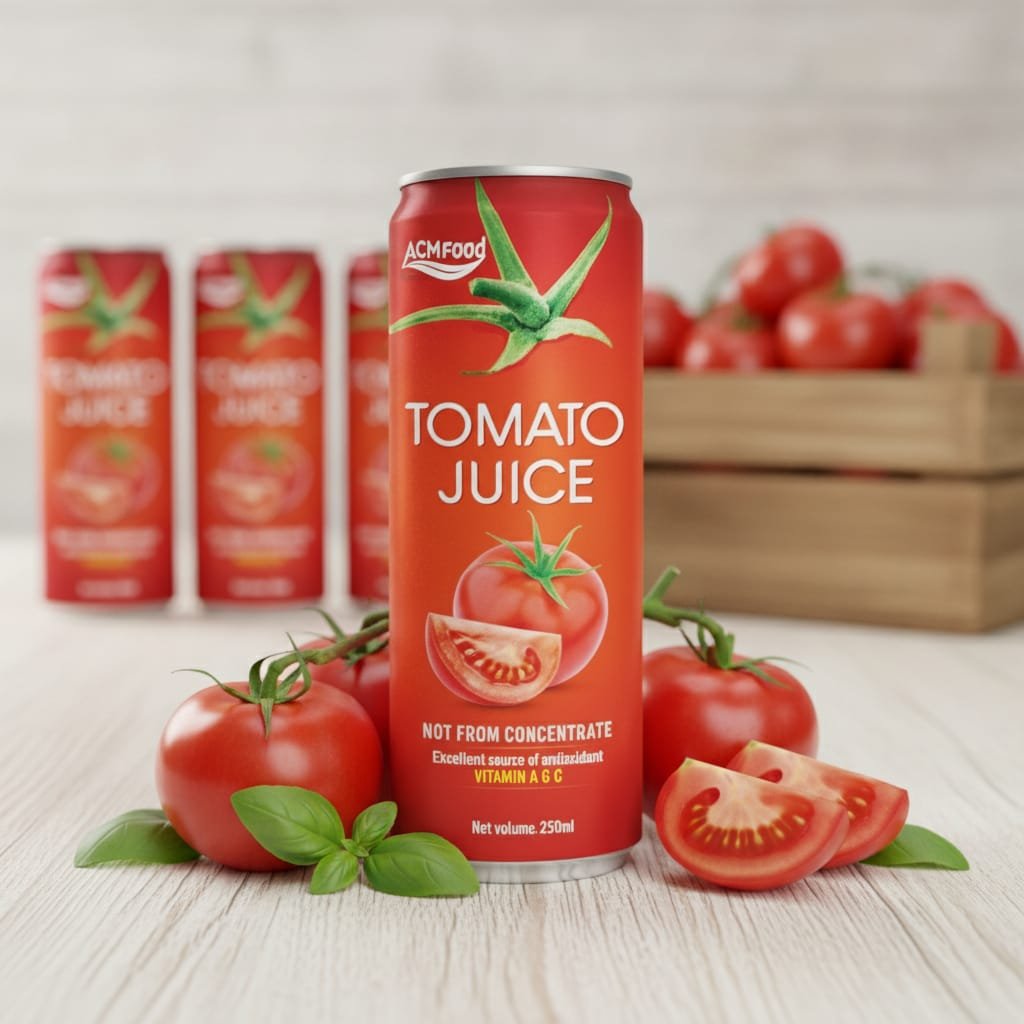 Grocery shelf display with various tomato juice cans and fresh vegetables