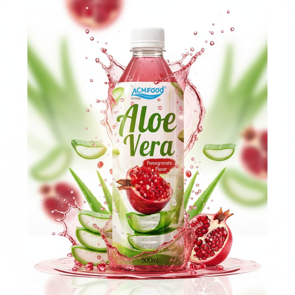 Pallet of ACM aloe vera pomegranate juice cans in warehouse for export