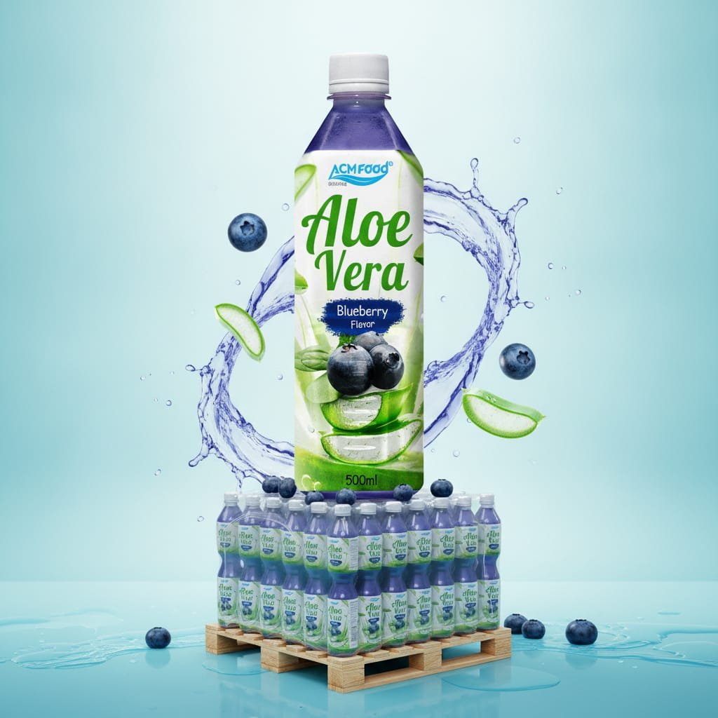 Case pack of ACM Aloe Vera Juice with Blueberry Flavor ready for export, with shipping labels Group of PET bottles of aloe vera blueberry juice in packaging for export