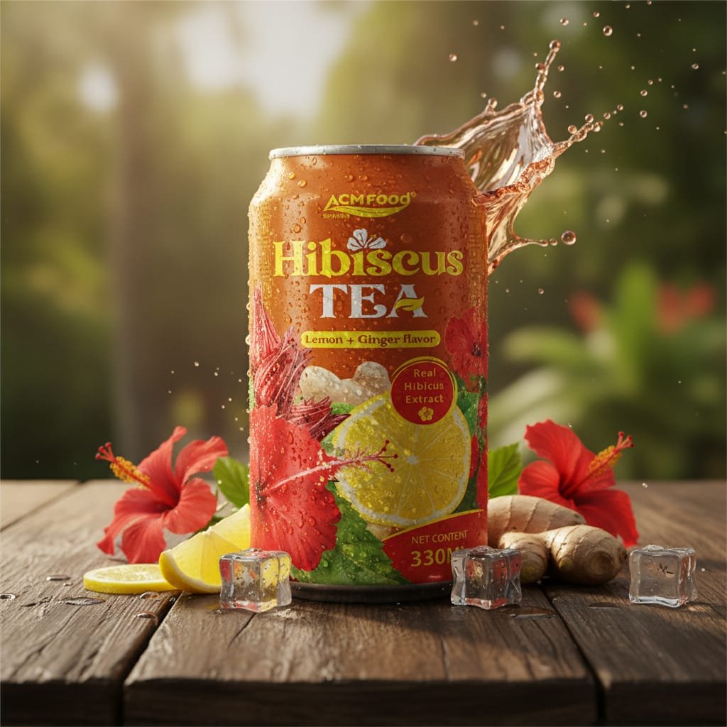 Premium Real Lemon And Ginger Hibiscus Tea Drink 330ml can on a wooden table with fresh hibiscus flowers and lemon slice