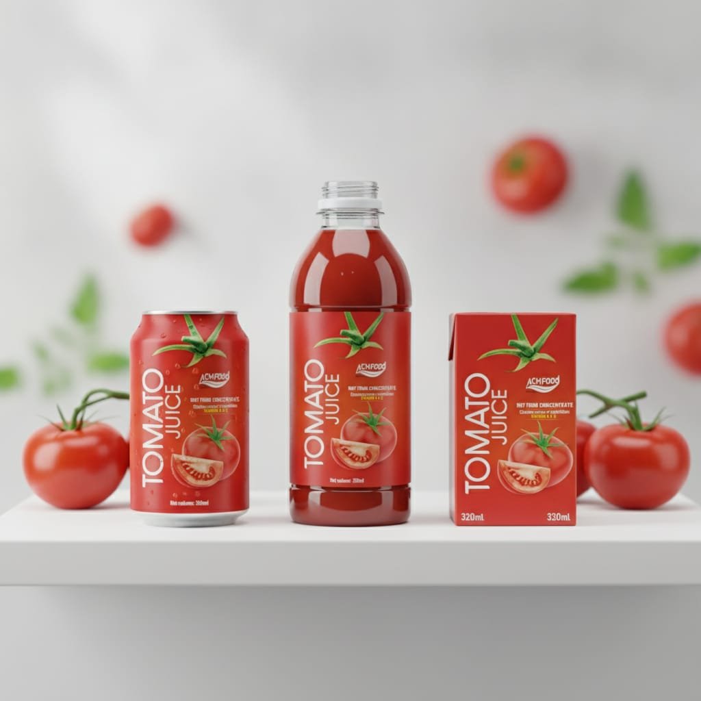 Different packaging formats for ACM NFC tomato juice including aluminum can, PET bottle, and paper box Variety of packaging for ACM NFC tomato juice OEM options