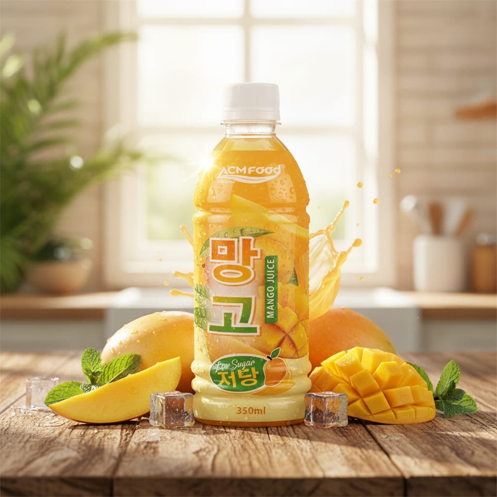ACM Food low-sugar mango juice drink in 350ml PET bottle with fresh mangoes and ice, showing tropical refreshment Low-sugar mango juice in a 350ml PET bottle on a wooden table with fresh mango slices