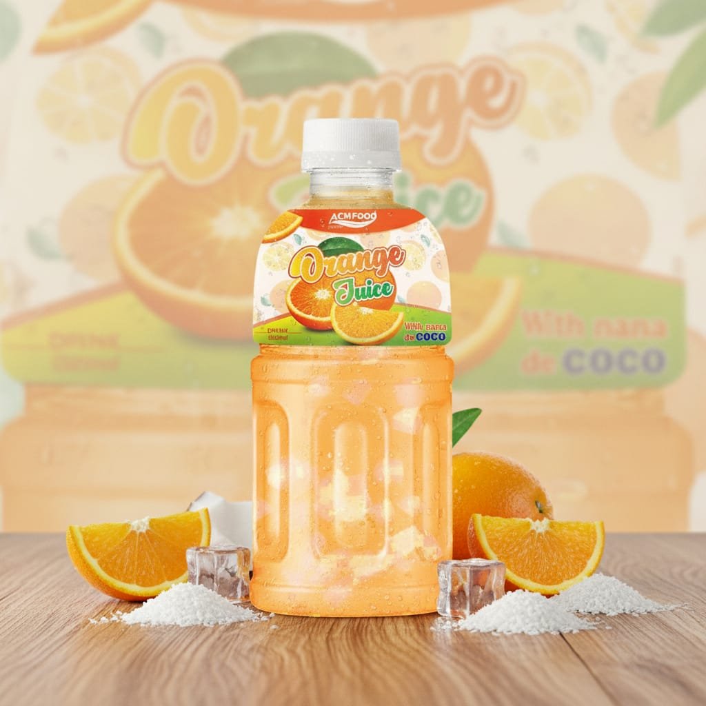 Close-up of 320ml ACM Orange Juice with nana de coco, with fresh orange slices and coconut chunks beside it on a wooden table, natural sunlight Orange juice with coconut cream in a 320ml aluminum can, tropical drink