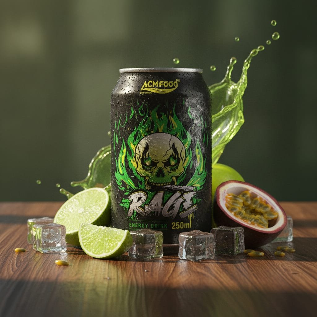 Green Rage Energy Drink 250ml can on a wooden table with fresh ingredients