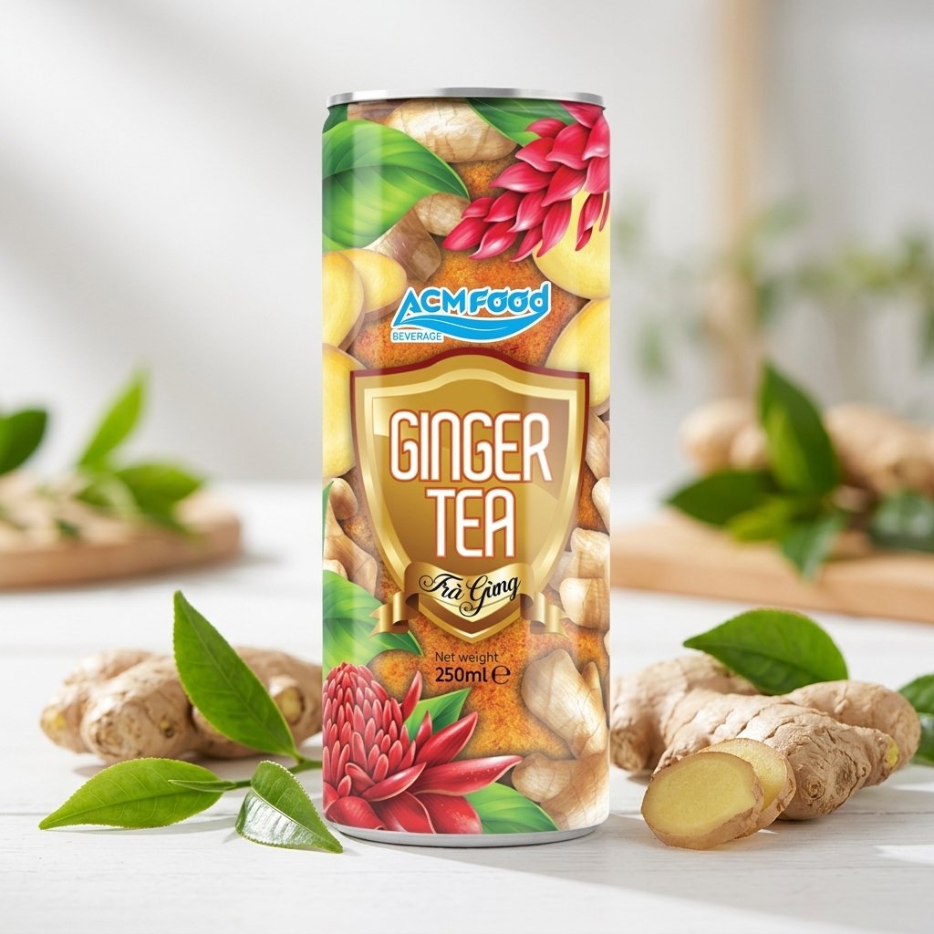 A professional shot of the 250ml ACM Herbal Ginger Tea Drink can placed on a clean white surface surrounded by fresh gin