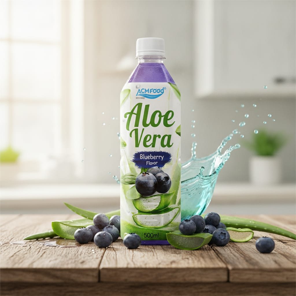 A 16.9 oz PET bottle of ACM Aloe Vera Juice with Blueberry Flavor displayed on a retail shelf, showcasing the product's clean label and functional branding Aloe vera juice with blueberry flavor in PET bottle on market shelf