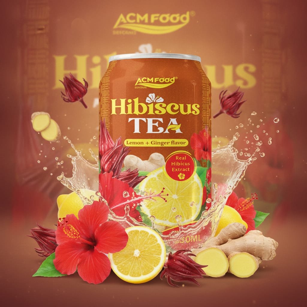 Three different flavors of ACM premium RTD teas lined up on a supermarket shelf, including the hibiscus lemon ginger var