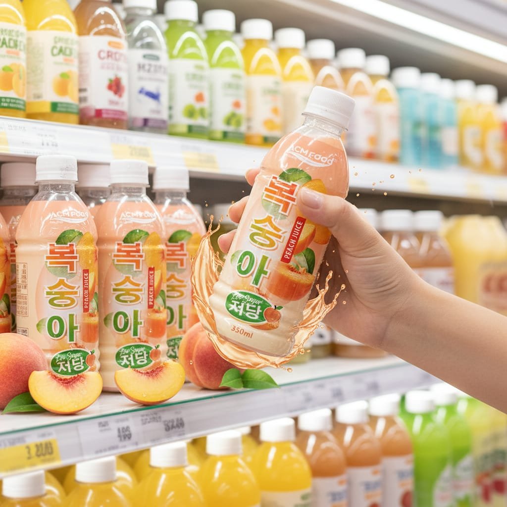 Consumer shelf with low sugar peach juice alongside other health drinks in a supermarket
