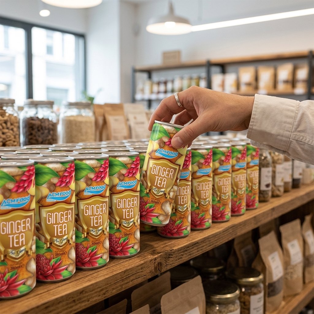A retail shelf in a health food store featuring a section of ACM ginger tea cans alongside other functional beverages A