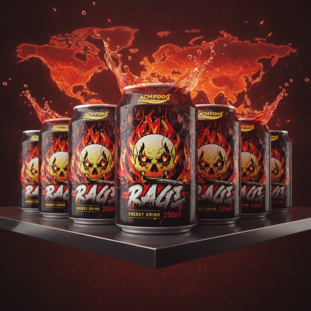 Red Rage Energy Drink 250ml cans arranged on a supermarket shelf with global map background