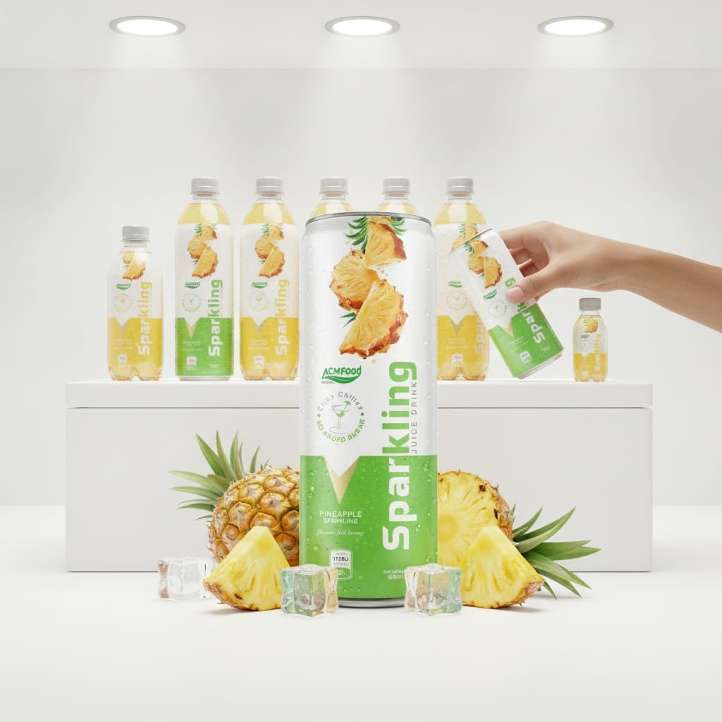 Multiple packaging options of pineapple sparkling juice including cans and PET bottles displayed on a bright retail shelf with clean minimalist design Assorted packaging formats of pineapple sparkling juice on modern retail shelf