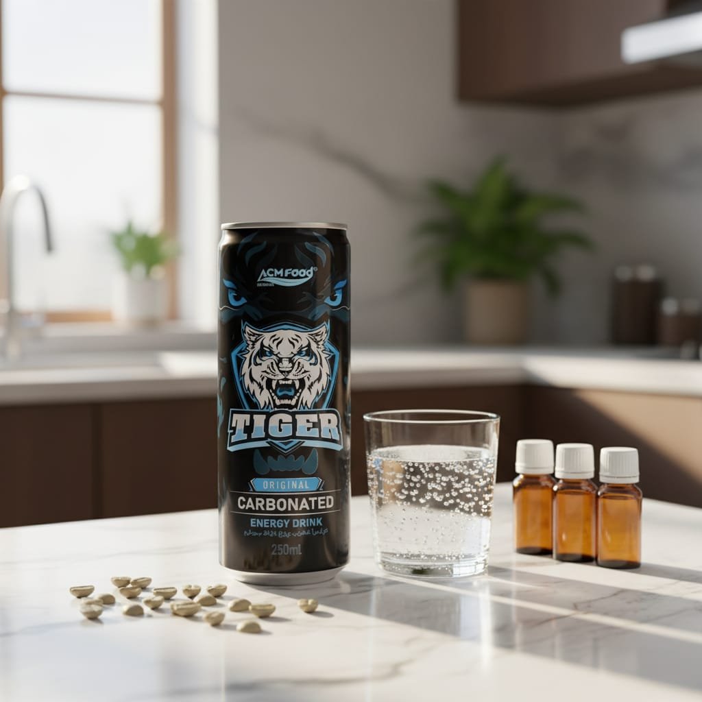 A sleek 250ml slim can of energy drink on a marble countertop with morning sunlight surrounded by fresh ingredients like