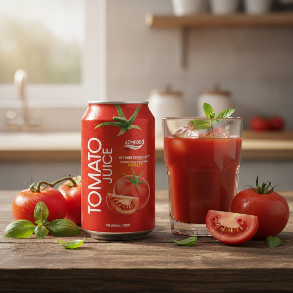 ACM NFC Tomato Juice 330ml can displayed with ripe red tomatoes and green leaves on rustic wooden surface NFC tomato juice 330ml can with fresh tomatoes on wooden table