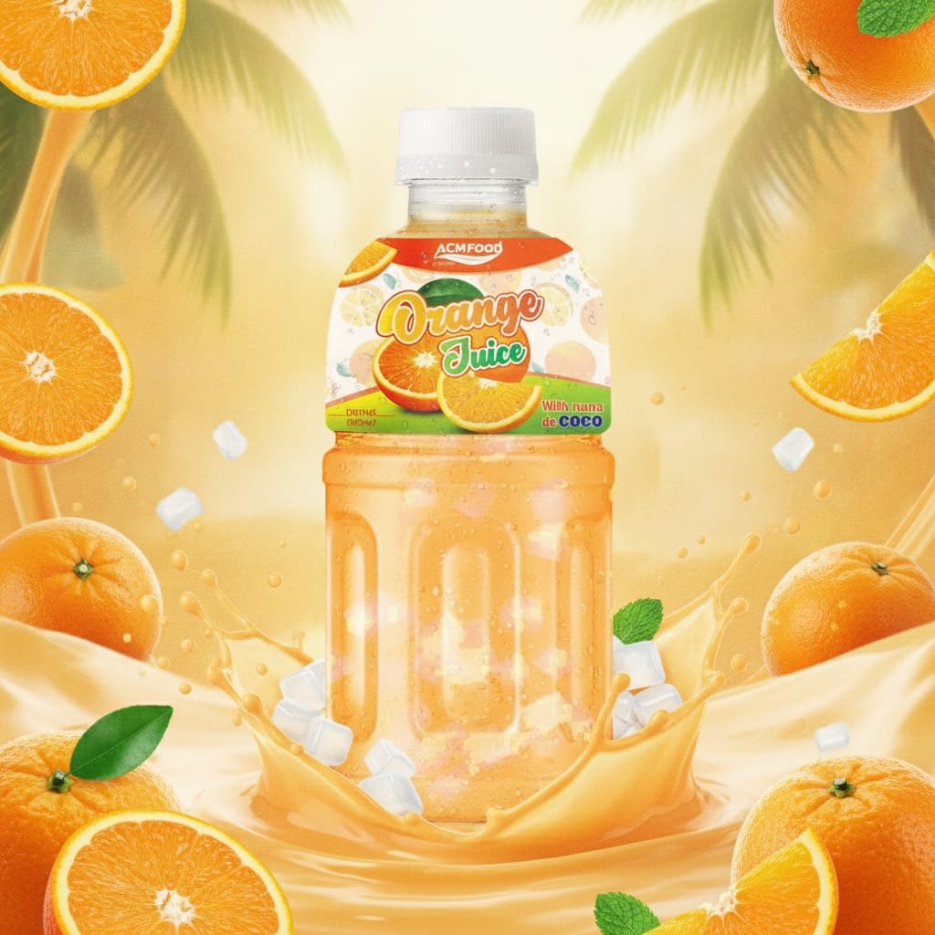 Modern beverage factory in Vietnam with shipping containers and a close-up of the orange juice with coconut cream can in the foreground Factory exterior and shipping containers with ACM brand