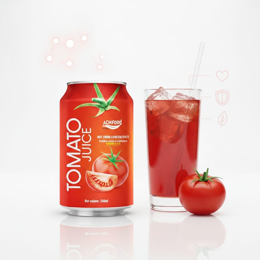 Visual representation of lycopene in ACM NFC tomato juice with molecular diagram and fresh tomatoes Tomato juice health benefits with lycopene molecular structure graphic