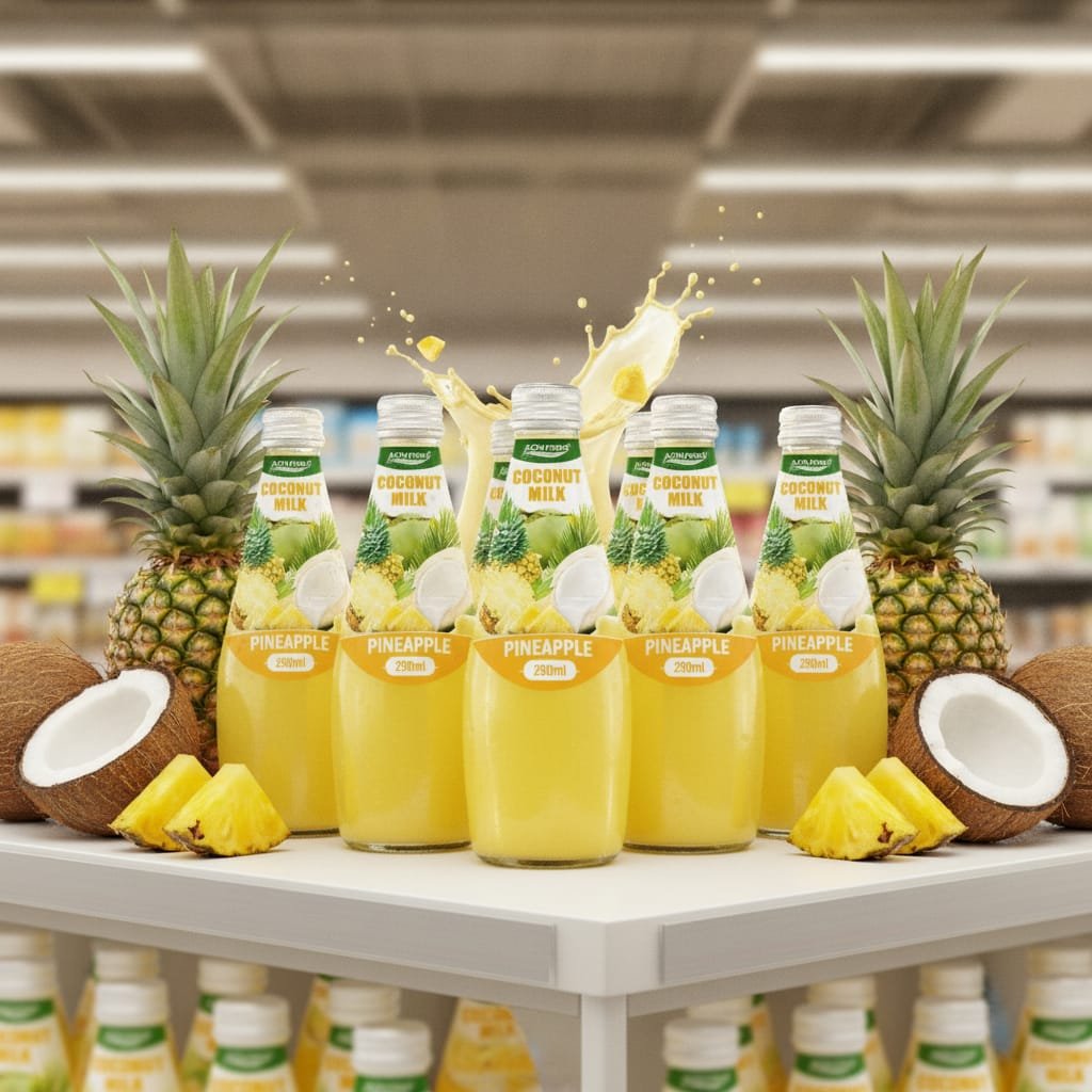 Multiple glass bottles of coconut milk pineapple drink on a supermarket shelf with tropical decor
