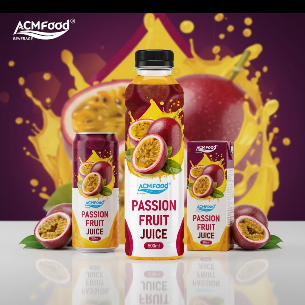 Assortment of ACM beverage bottles including passionfruit juice and sparkling water