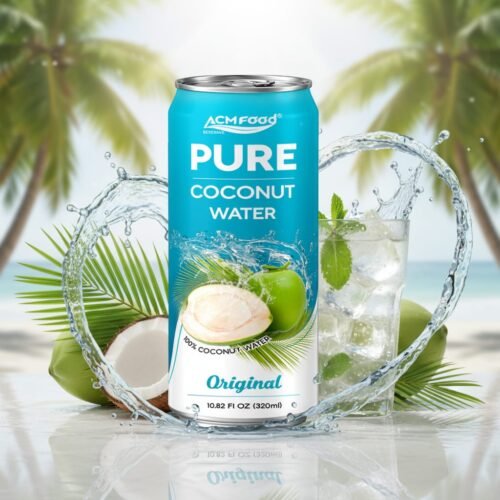 Coconut water poured into glass with ice and mint