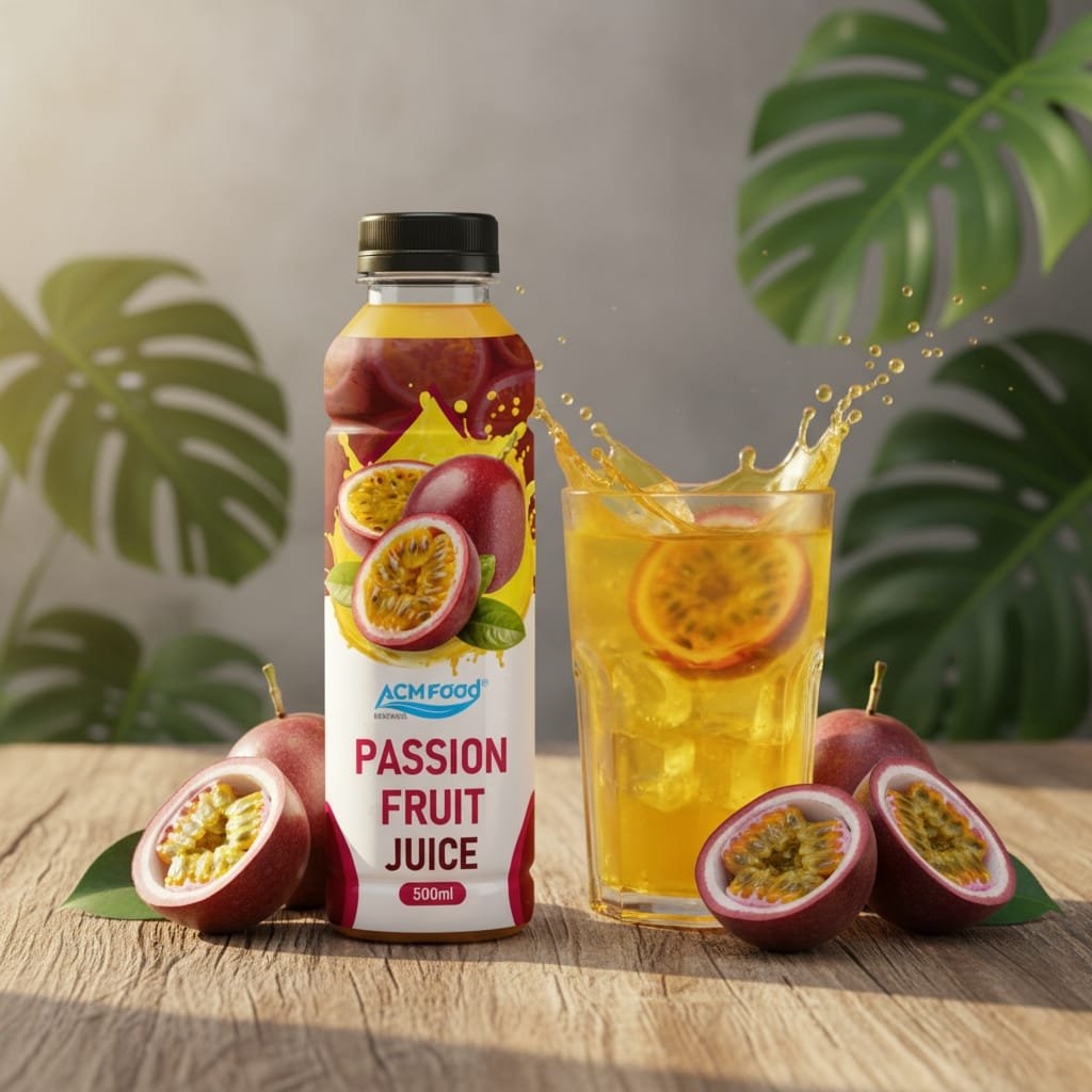 Glass of passionfruit juice with ice and fresh passionfruit garnish