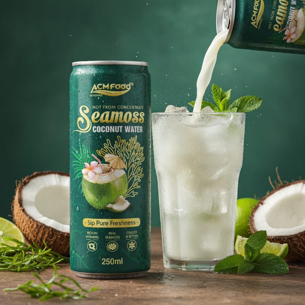 Close-up of seamoss coconut water poured into a glass with ice