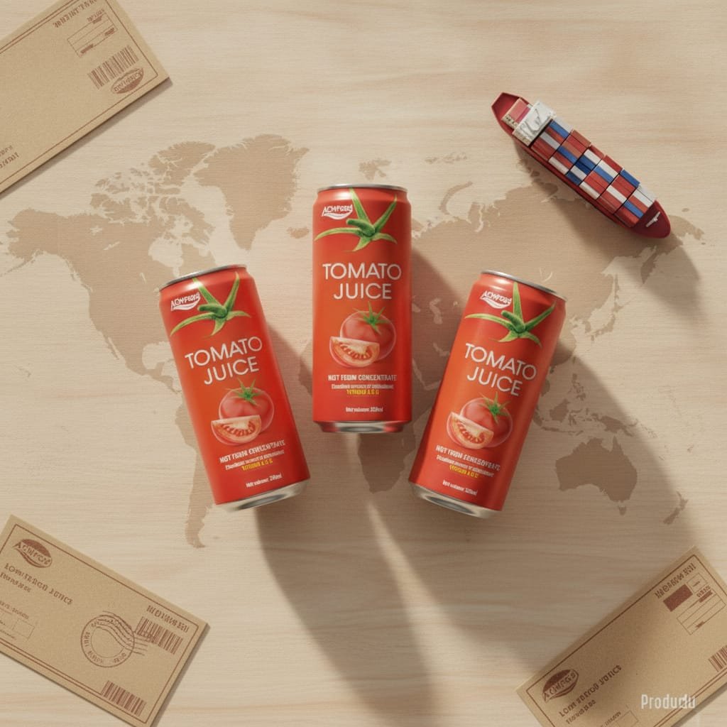 Overhead view of sealed tomato juice cans and a map showing global shipping routes