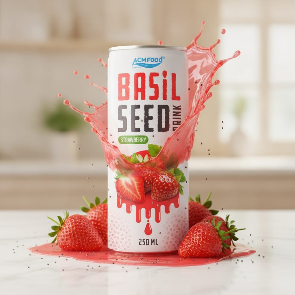 Close up of chia seeds suspended in strawberry juice in a glass