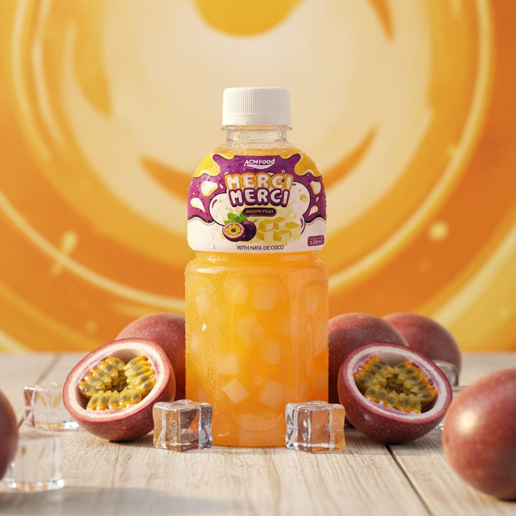 Passion fruit juice with nata de coco in PET bottle