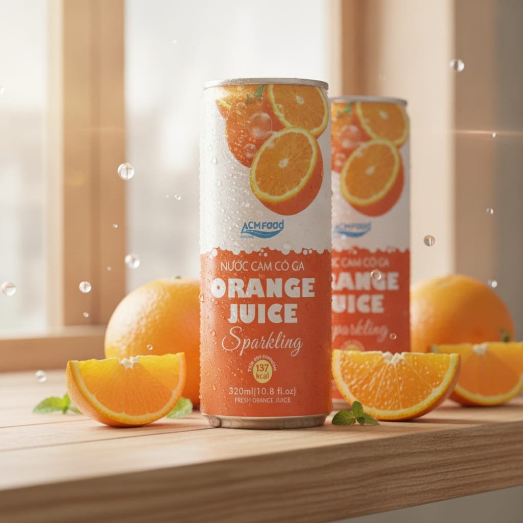 Premium Orange Sparkling Drink cans arranged on a refrigerated retail shelf, showcasing modern packaging and natural ingredients Orange Sparkling Drink cans on a supermarket shelf, premium carbonated beverage display