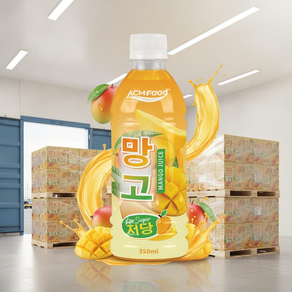 Export pallets of low-sugar mango juice in 350ml PET bottles at a warehouse