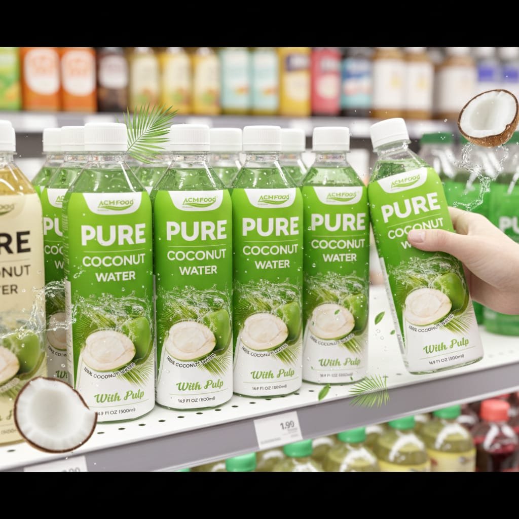 Retail shelf display featuring 500ml ACM Pure Coconut Water with Pulp PET Bottles among other functional beverages, shoppers browsing, modern clean supermarket environment Retail shelf display of coconut water with pulp PET bottles and health-conscious shoppers