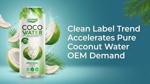 Clean label coconut water OEM trend banner with product can and natural ingredients