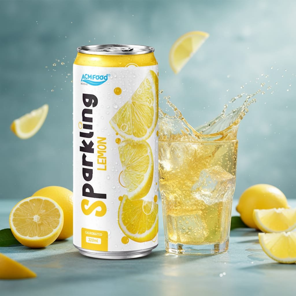 Close-up of ACM Lemon sparkling drink being poured into a glass with ice and lemon wheel
