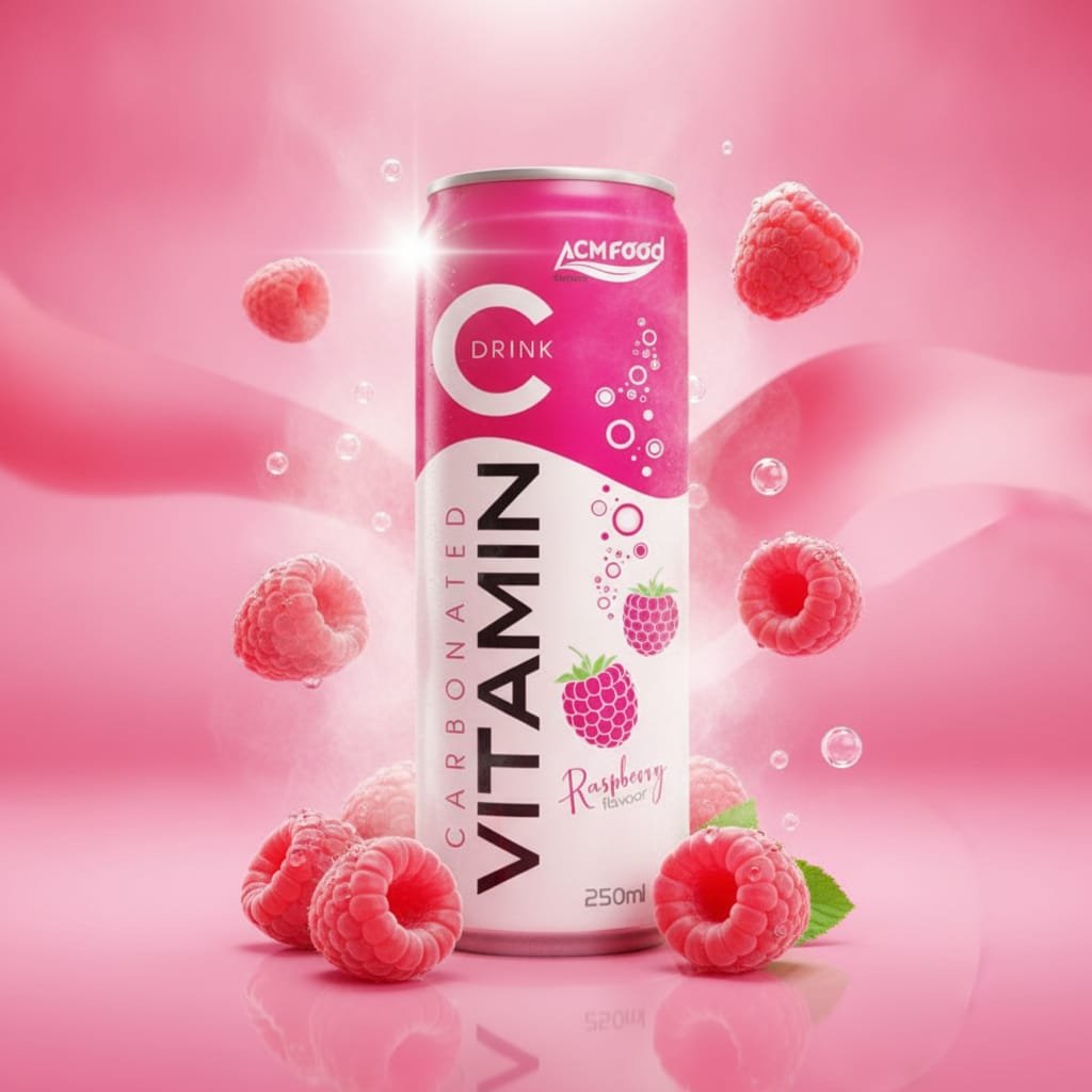 A view from above of a stainless steel beverage production line with rows of 250ml raspberry sparkling juice cans moving through a filling station, bright industrial lighting, clean and sterile environment Rows of raspberry sparkling juice cans on a modern production line
