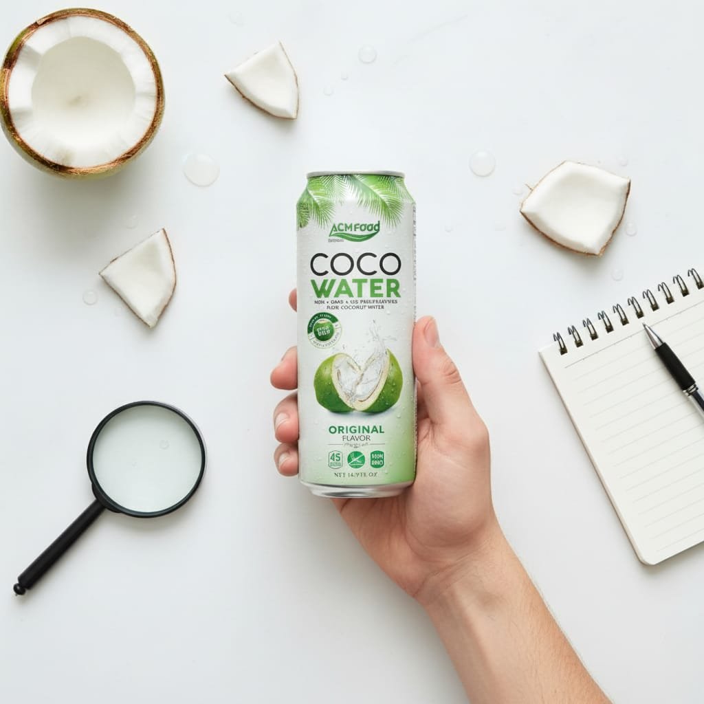 A health-conscious consumer holding a 500ml ACM Coconut Water can and reading the ingredient list that shows only one ingredient Consumer reading coconut water packaging nutrition label