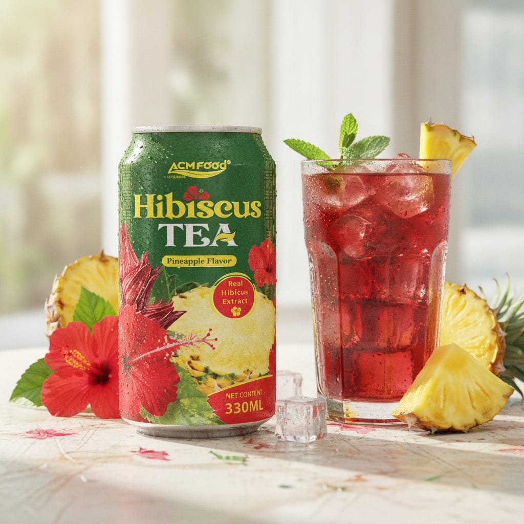 Close-up of a glass of pineapple hibiscus iced tea with mint and ice cubes