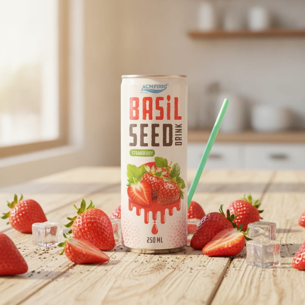 Strawberry chia seed juice 250ml can with fresh strawberries and chia seeds on wooden table