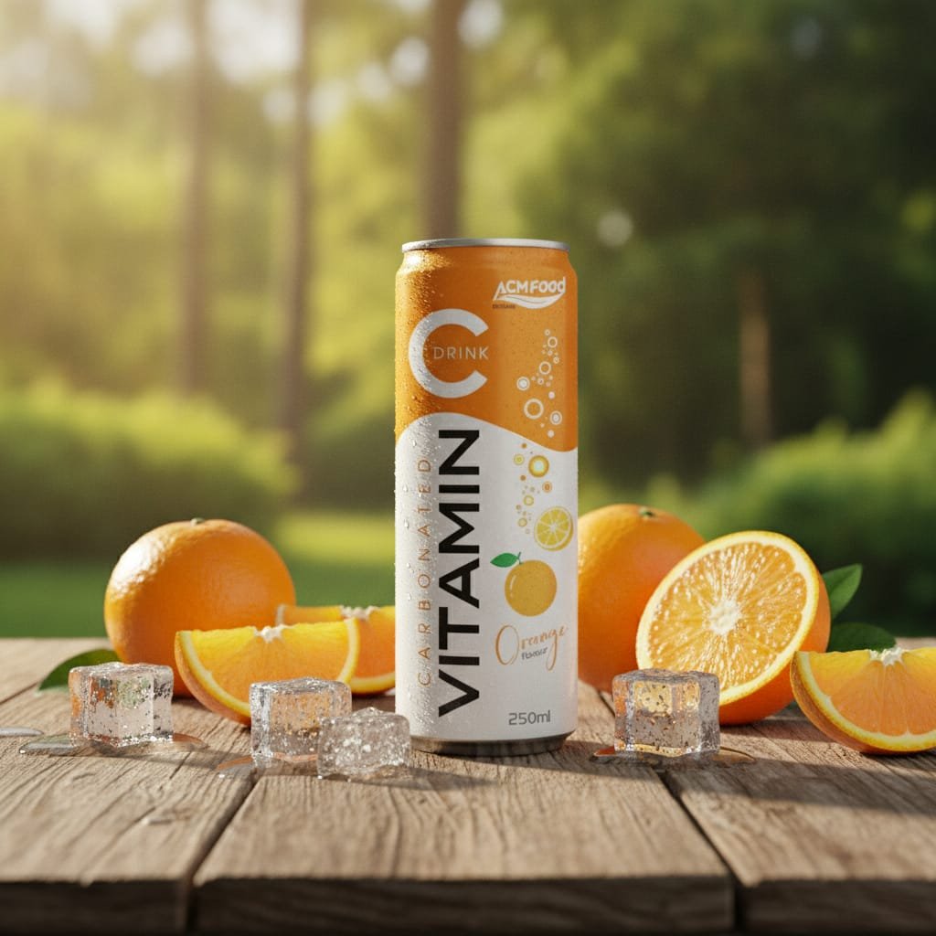Orange sparkling juice can on a wooden table with fresh oranges and ice cubes