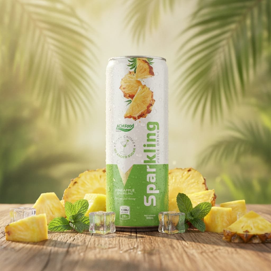 A 320ml can of pineapple sparkling juice surrounded by fresh pineapple chunks, mint leaves, and ice cubes on a wooden table with warm sunlight filtering through palm leaves Pineapple sparkling juice can with fresh pineapple slices and ice cubes in tropical setting