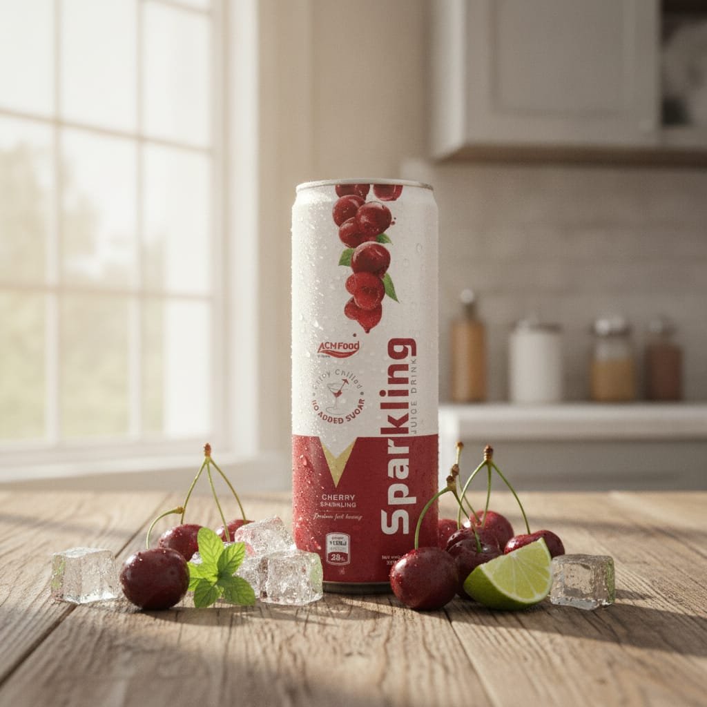 Cherry sparkling juice can with fresh cherries and ice cubes on wooden table