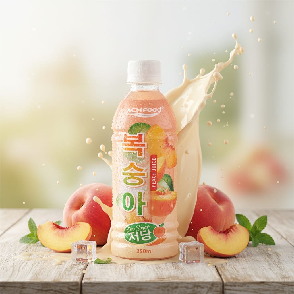 Low sugar peach juice in PET bottle with fresh peaches and ice cubes on wooden table