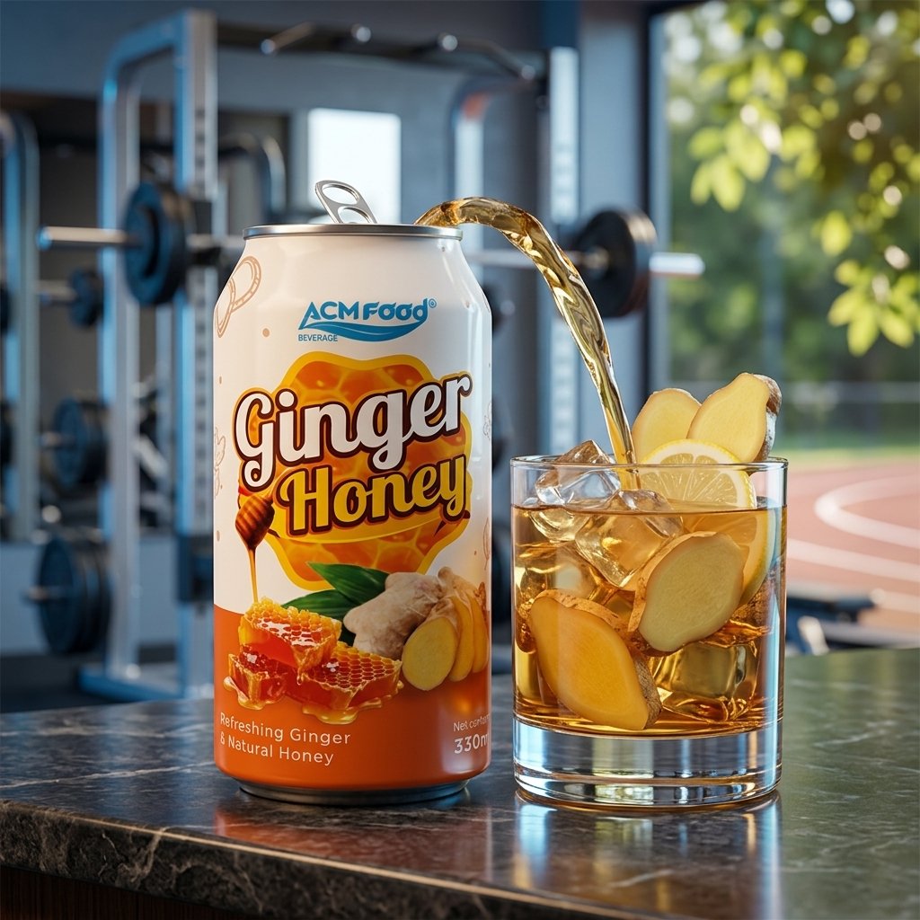 Closeup of a glass with ACM Ginger Honey Drink being poured ice cubes and slices of ginger and lemon with a blurred back