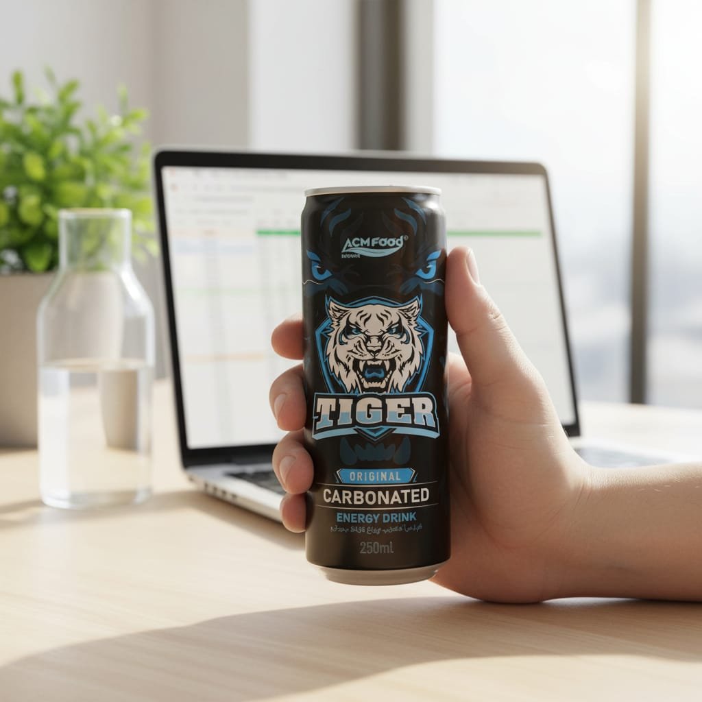 Closeup of a person holding a premium energy drink slim can in an office or gym setting with a laptop or workout equipme