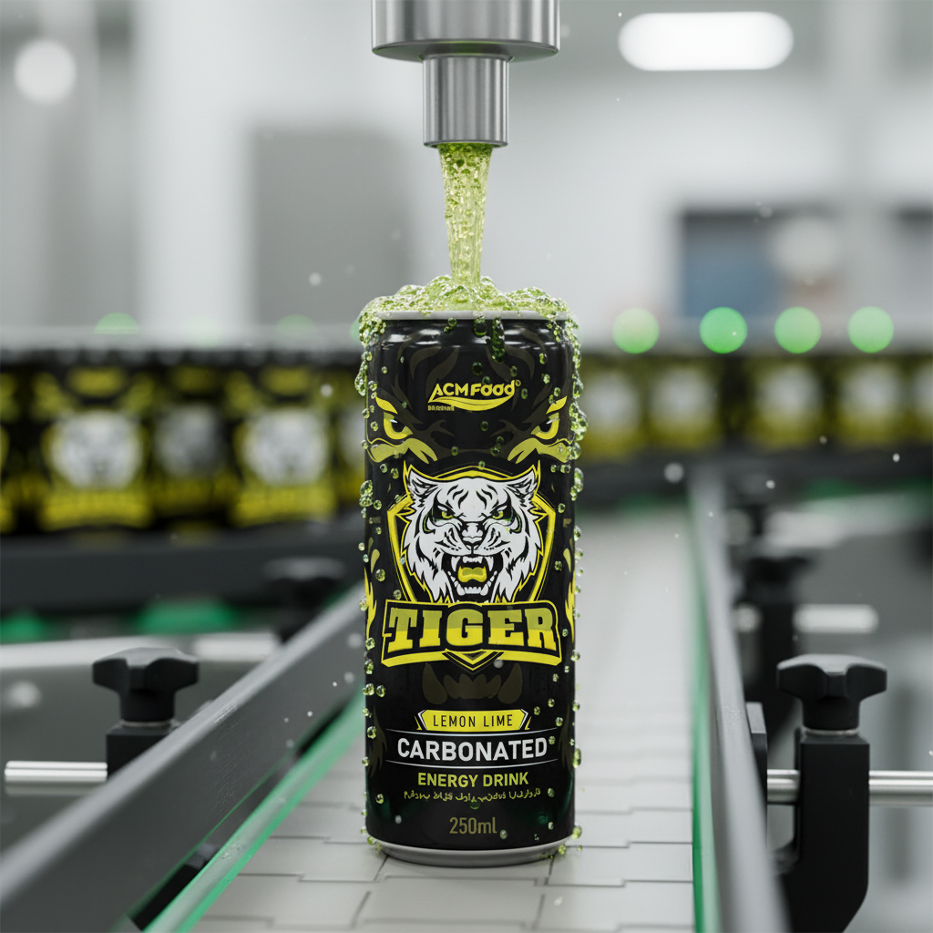 Closeup of ACM energy drink can being filled with carbonated liquid bright lemonlime colors highspeed filling machine