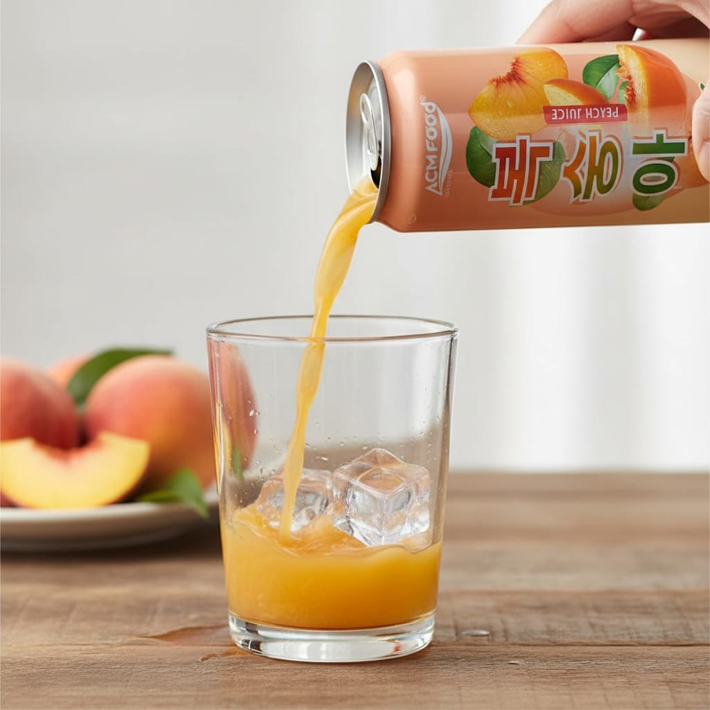 Closeup of peach juice being poured into a glass showing the vibrant orange color and natural texture